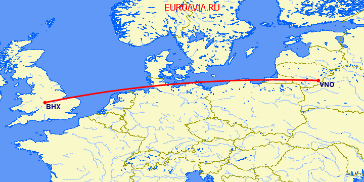 перелет Бирмингем — Вильнюс на карте