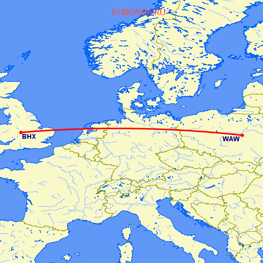 перелет Бирмингем — Варшава на карте