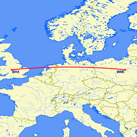перелет Бирмингем — Варшава на карте