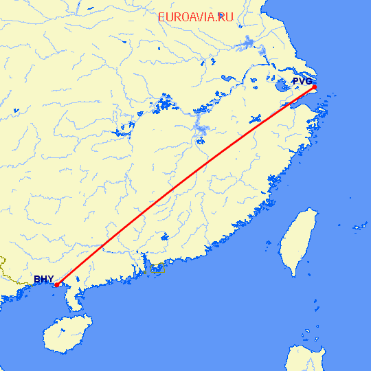 перелет Бейхай — Шанхай на карте