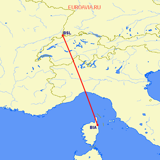перелет Бастия — Базель-Мюлуз на карте