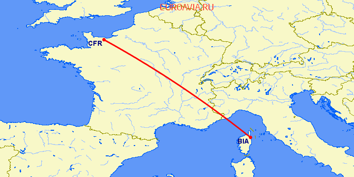 перелет Бастия — Кан на карте