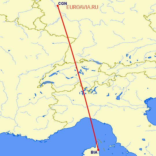 перелет Бастия — Кельн на карте