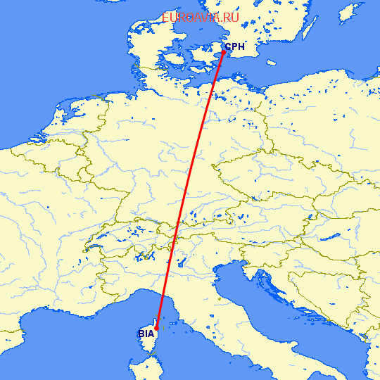 перелет Бастия — Копенгаген на карте