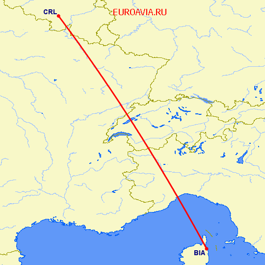 перелет Бастия — Шарлеруа на карте