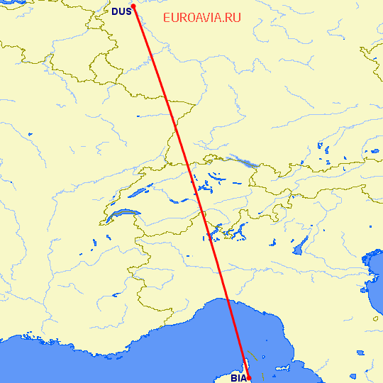 перелет Бастия — Дюссельдорф на карте