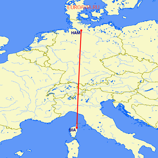 перелет Бастия — Гамбург на карте