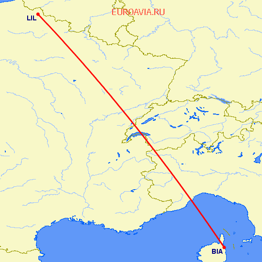 перелет Бастия — Лилль на карте