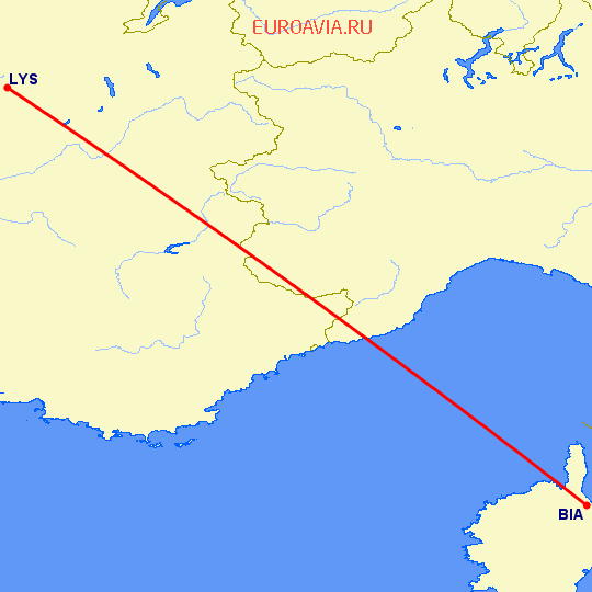 перелет Бастия — Лион на карте