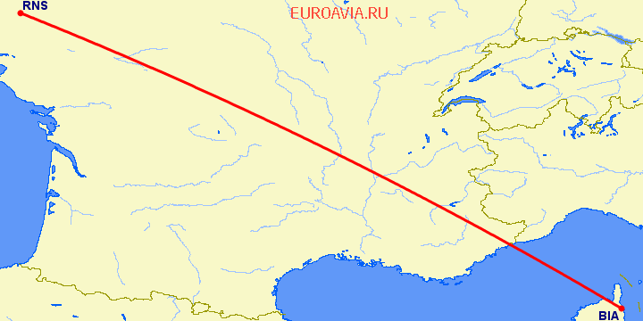перелет Бастия — Ренн на карте