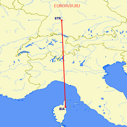 перелет Бастия — Штуттгард на карте