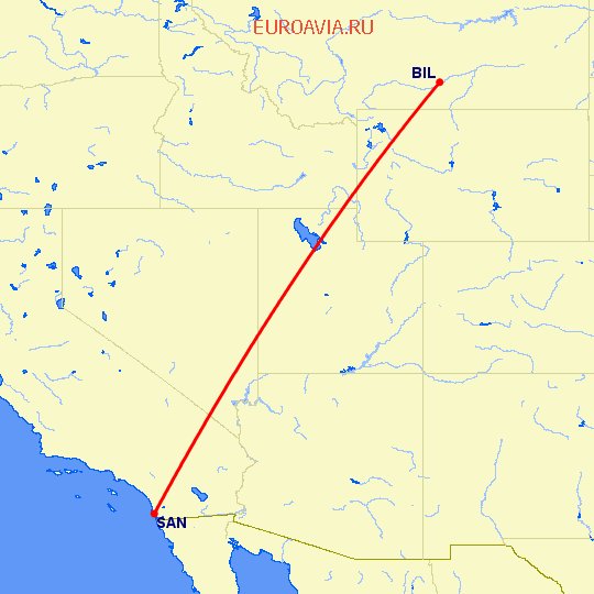 перелет Биллингс — Сан Диего на карте