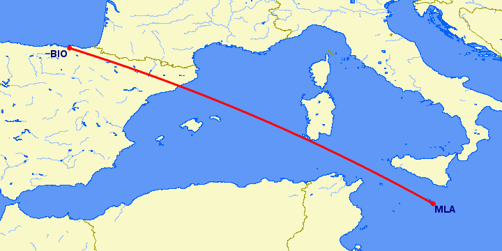 перелет Бильбао — Мальта на карте