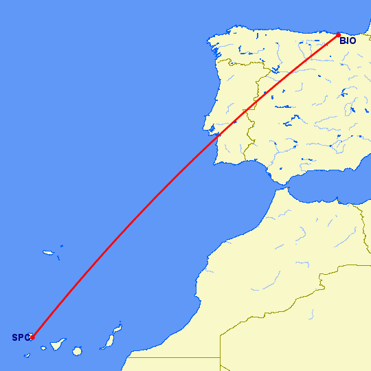 перелет Бильбао — Санта Крус де Ла Пальма на карте