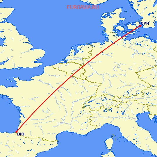 перелет Биарриц — Копенгаген на карте