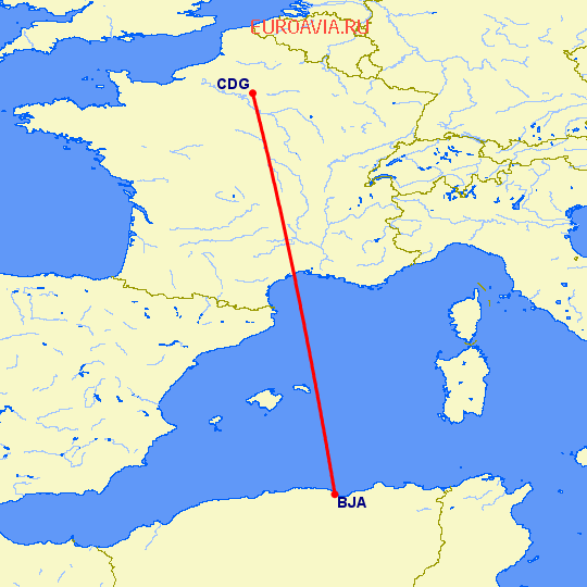 перелет Bejaia — Париж на карте