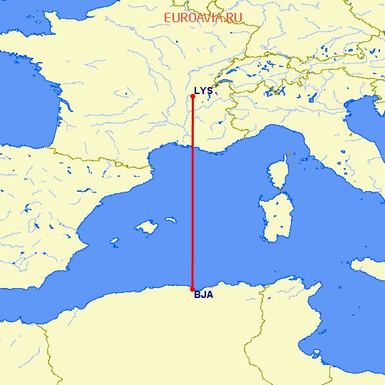 перелет Bejaia — Лион на карте