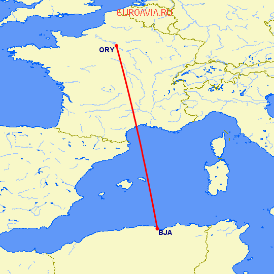 перелет Bejaia — Париж на карте