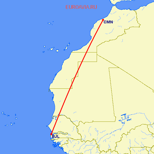 перелет Банжул — Касабланка на карте