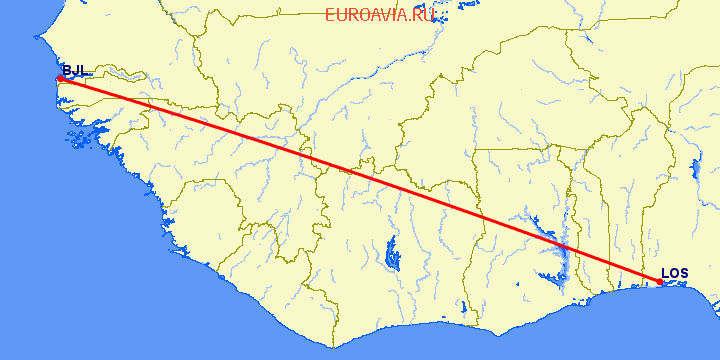 перелет Банжул — Лагос на карте