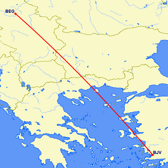 перелет Бодрум — Белград на карте