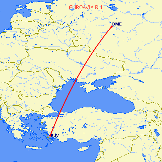 перелет Бодрум — Москва на карте