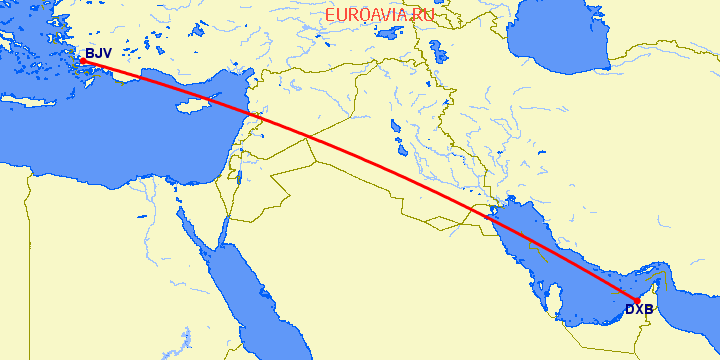 перелет Бодрум — Дубай на карте