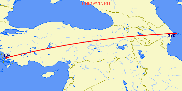 перелет Бодрум — Баку на карте