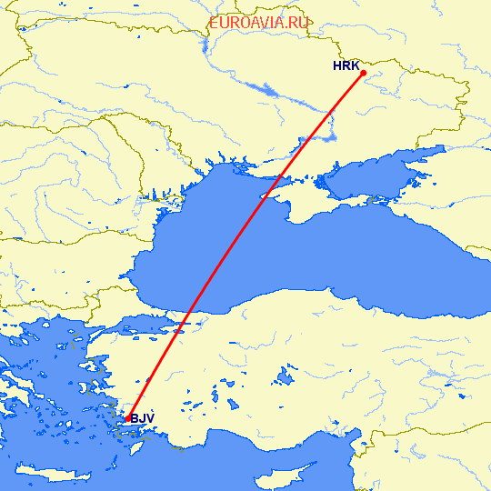 перелет Бодрум — Харьков на карте