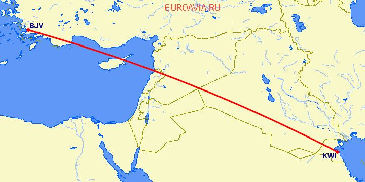 перелет Бодрум — Кувейт на карте