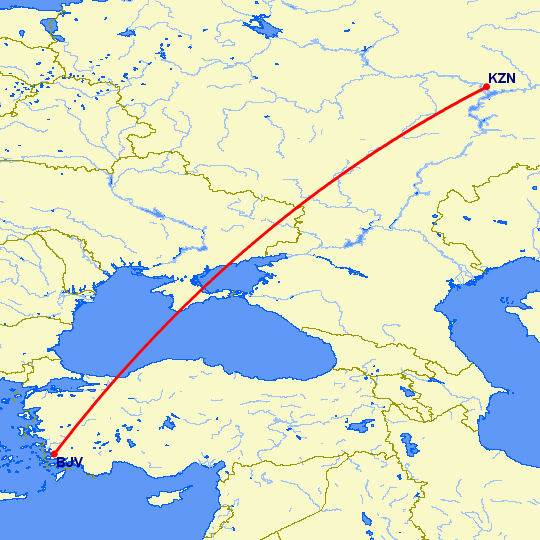 перелет Бодрум — Казань на карте