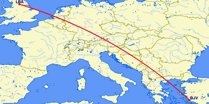 перелет Бодрум — Лидс на карте