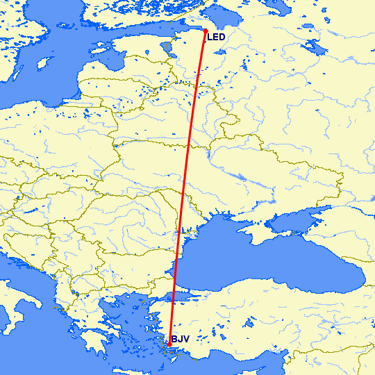 перелет Бодрум — Санкт Петербург на карте
