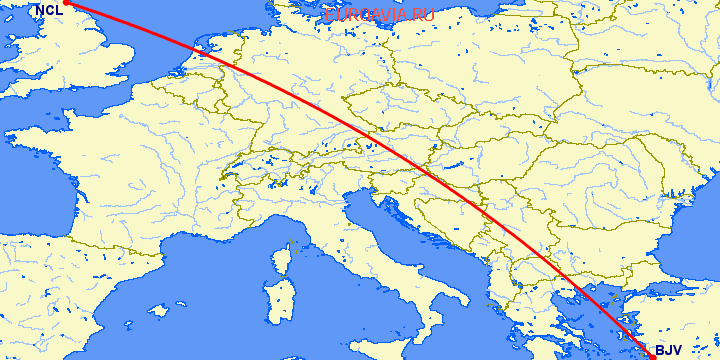 перелет Бодрум — Ньюкасл на карте