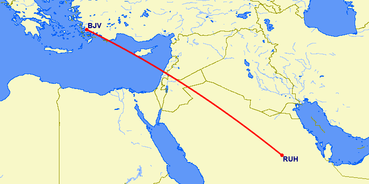 перелет Бодрум — Эр Рияд на карте