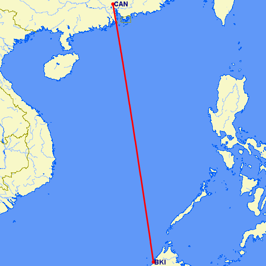 перелет Kota-Kinabalu — Гуанчжоу на карте