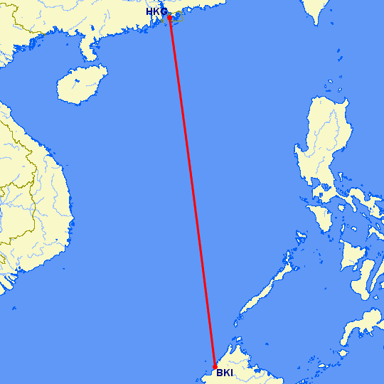перелет Kota-Kinabalu — Гонконг на карте