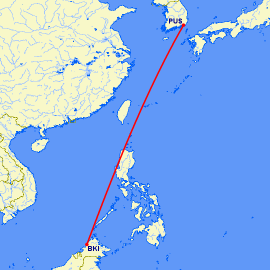 перелет Kota-Kinabalu — Пусан на карте