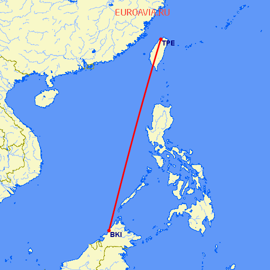 перелет Kota-Kinabalu — Тайбэй на карте