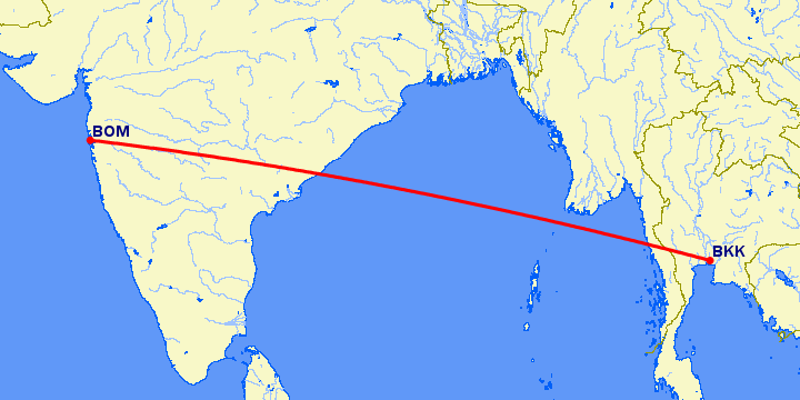 перелет Бангкок — Бомбей на карте