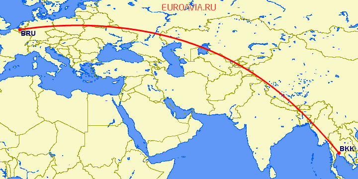 перелет Бангкок — Брюссель на карте