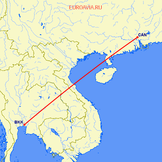 перелет Бангкок — Гуанчжоу на карте