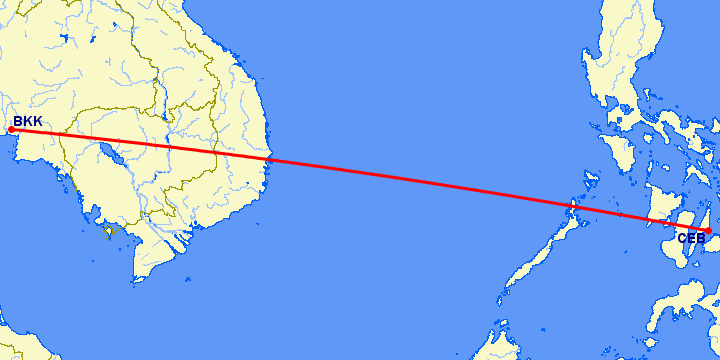 перелет Бангкок — Кебу на карте