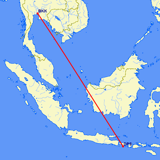 перелет Бангкок — Денпасар на карте