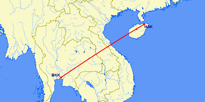 перелет Бангкок — Хайкоу на карте