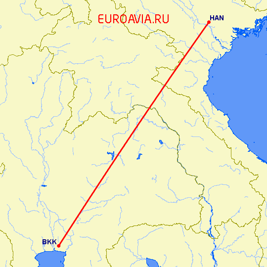 перелет Бангкок — Ханой на карте