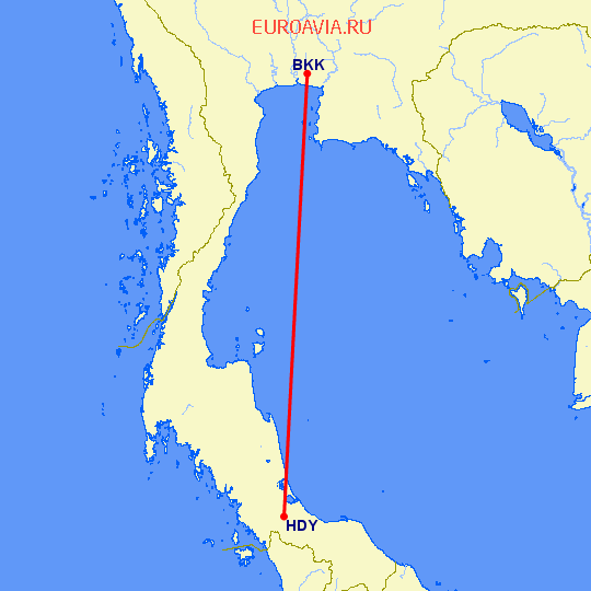перелет Бангкок — Хат Яй на карте
