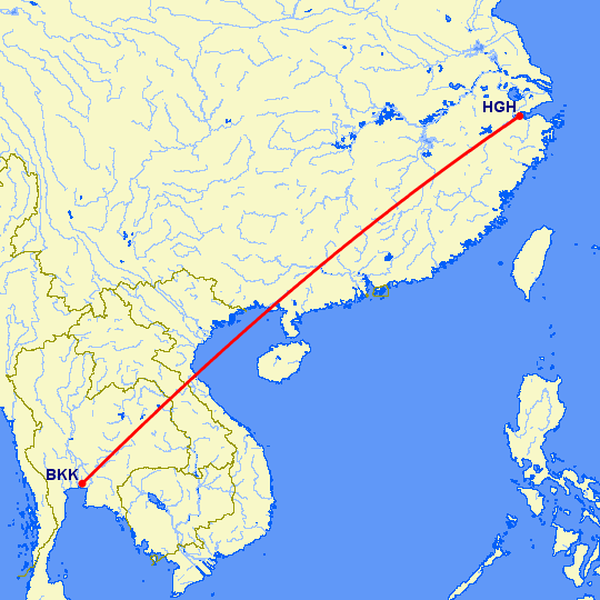 перелет Бангкок — Ханчжоу на карте