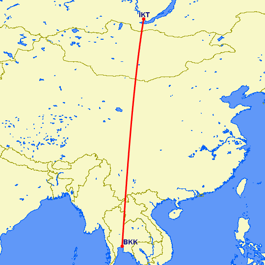 перелет Бангкок — Иркутск на карте