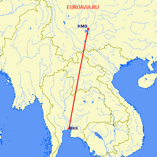 перелет Бангкок — Кунминг на карте